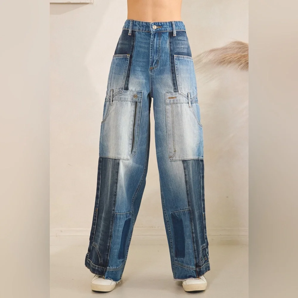 Oli & Hali Patchwork Wide-Leg Denim Pants - Blue - Picture 4 of 6